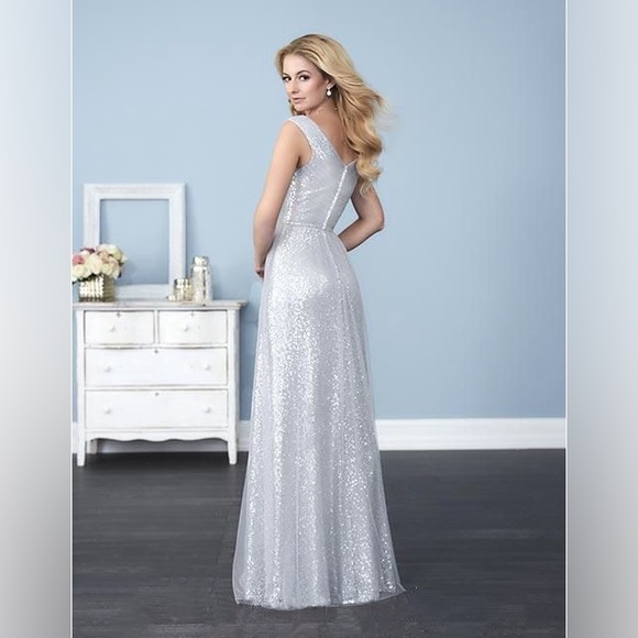 Christina Wu-Mahogany Tulle Rose Gold Sequins V-Neck Full Length Gown - Picture 12 of 13